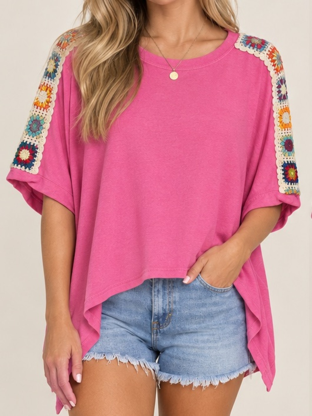 DAVI & DANI Pink Boxy Top with Colorful Crochet Shoulder Panels